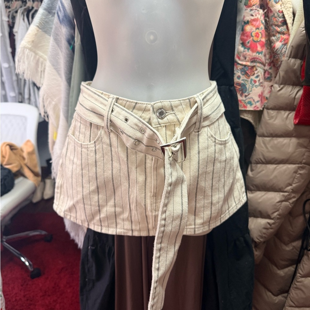 PrettyLittleThing Cream Striped Mini Skirt with Belt